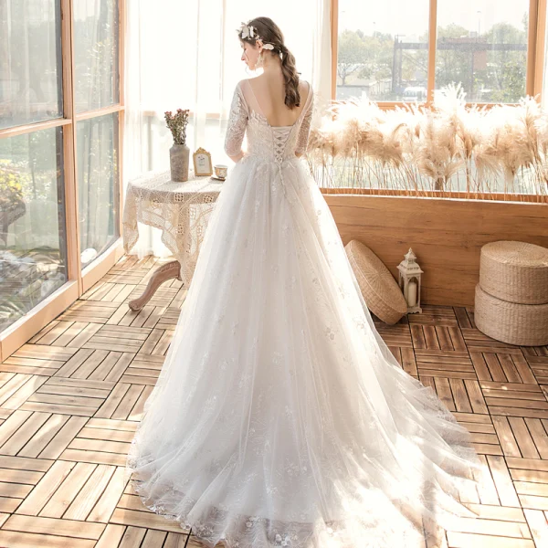 Affordable White Bridal Wedding Dresses 2020 A-Line / Princess V-Neck 1/2 Sleeves Backless Appliques Lace Beading Sweep Train Ruffle
