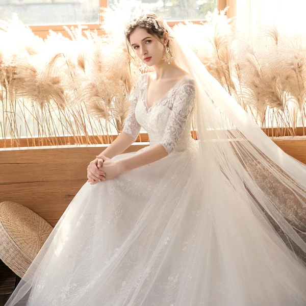 Affordable White Bridal Wedding Dresses 2020 A-Line / Princess V-Neck 1/2 Sleeves Backless Appliques Lace Beading Sweep Train Ruffle