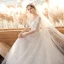 Affordable White Bridal Wedding Dresses 2020 A-Line / Princess V-Neck 1/2 Sleeves Backless Appliques Lace Beading Sweep Train Ruffle