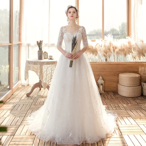 Affordable White Bridal Wedding Dresses 2020 A-Line / Princess V-Neck 1/2 Sleeves Backless Appliques Lace Beading Sweep Train Ruffle