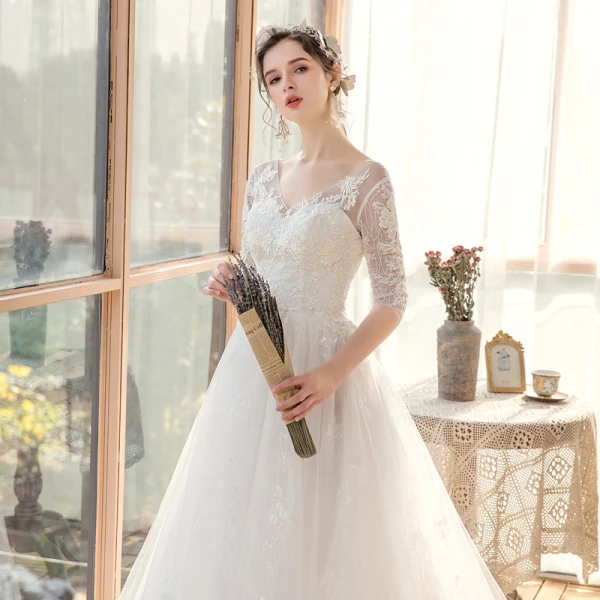 Affordable White Bridal Wedding Dresses 2020 A-Line / Princess V-Neck 1/2 Sleeves Backless Appliques Lace Beading Sweep Train Ruffle