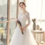 Affordable White Bridal Wedding Dresses 2020 A-Line / Princess V-Neck 1/2 Sleeves Backless Appliques Lace Beading Sweep Train Ruffle