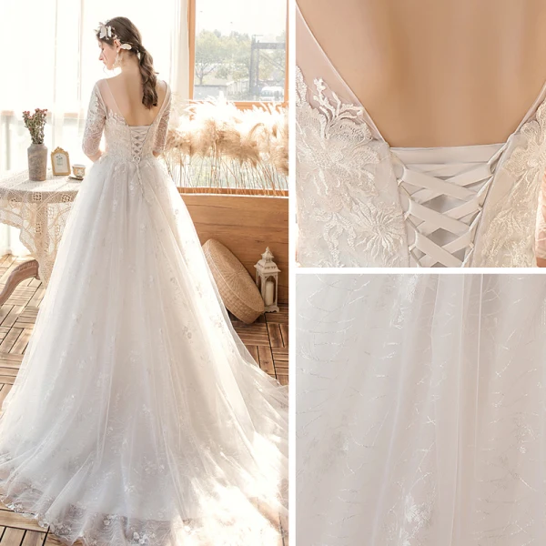 Affordable White Bridal Wedding Dresses 2020 A-Line / Princess V-Neck 1/2 Sleeves Backless Appliques Lace Beading Sweep Train Ruffle