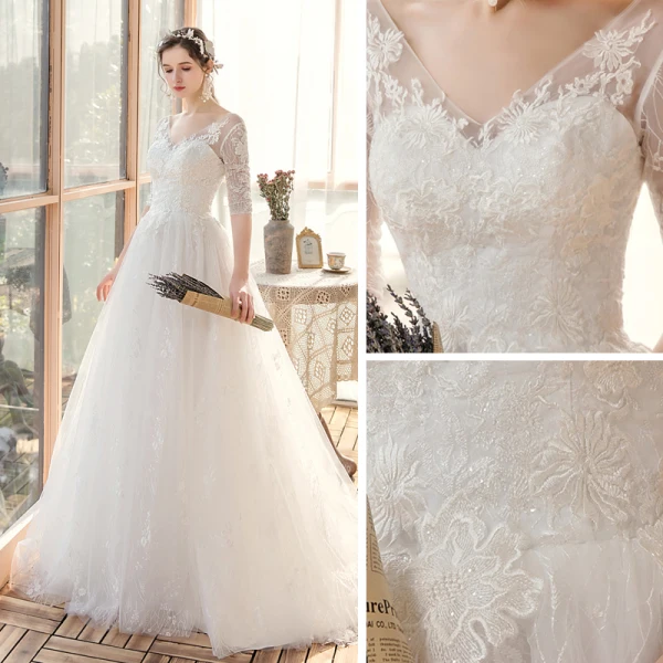 Affordable White Bridal Wedding Dresses 2020 A-Line / Princess V-Neck 1/2 Sleeves Backless Appliques Lace Beading Sweep Train Ruffle