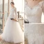Affordable White Bridal Wedding Dresses 2020 A-Line / Princess V-Neck 1/2 Sleeves Backless Appliques Lace Beading Sweep Train Ruffle