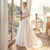 Affordable White Satin Bridal Wedding Dresses 2020 A-Line / Princess Off-The-Shoulder Short Sleeve Backless Sweep Train Ruffle