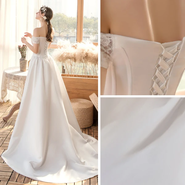 Erschwinglich Weiß Satin Hochzeits Brautkleider / Hochzeitskleider 2020 A Linie Off Shoulder Kurze Ärmel Rückenfreies Sweep / Pinsel Zug Rüschen