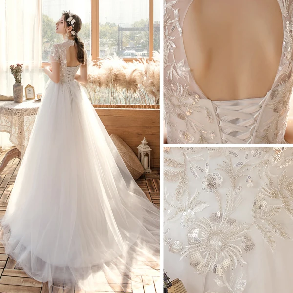Abordable Jardin / Extérieur Blanche Robe De Mariée 2020 Princesse Transparentes Col Haut Manches Courtes Dos Nu Appliques Paillettes Train De Balayage Volants