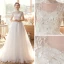 Abordable Jardin / Extérieur Blanche Robe De Mariée 2020 Princesse Transparentes Col Haut Manches Courtes Dos Nu Appliques Paillettes Train De Balayage Volants