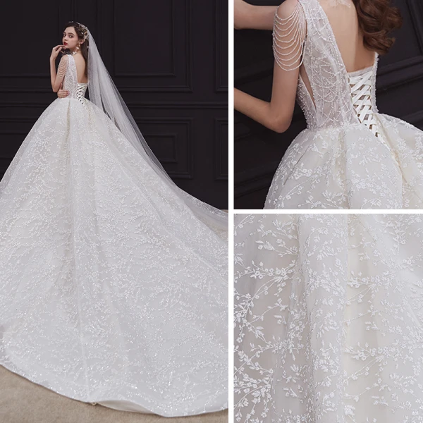 Élégant Champagne La Mariée Robe De Mariée 2020 Robe Boule Col v profond Sans Manches Dos Nu Appliques En Dentelle Perlage Cathedral Train Volants
