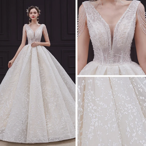 Élégant Champagne La Mariée Robe De Mariée 2020 Robe Boule Col v profond Sans Manches Dos Nu Appliques En Dentelle Perlage Cathedral Train Volants