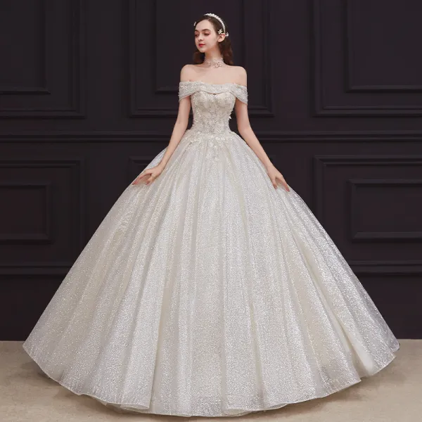 Best Champagne Bridal Wedding Dresses 2020 Ball Gown Off-The-Shoulder Short Sleeve Backless Appliques Lace Beading Glitter Tulle Floor-Length / Long Ruffle