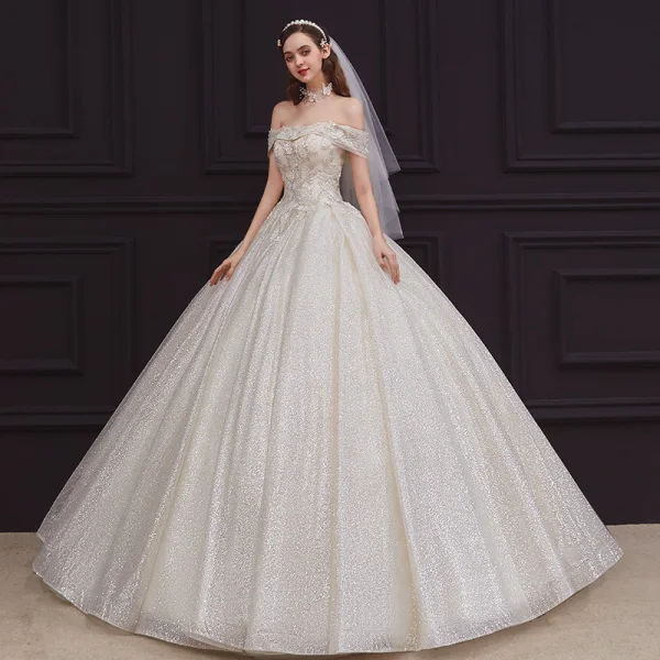Best Champagne Bridal Wedding Dresses 2020 Ball Gown Off-The-Shoulder Short Sleeve Backless Appliques Lace Beading Glitter Tulle Floor-Length / Long Ruffle