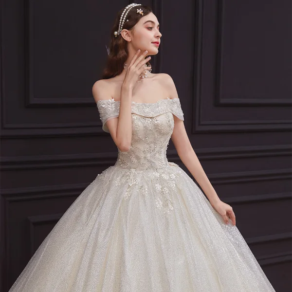 Best Champagne Bridal Wedding Dresses 2020 Ball Gown Off-The-Shoulder Short Sleeve Backless Appliques Lace Beading Glitter Tulle Floor-Length / Long Ruffle