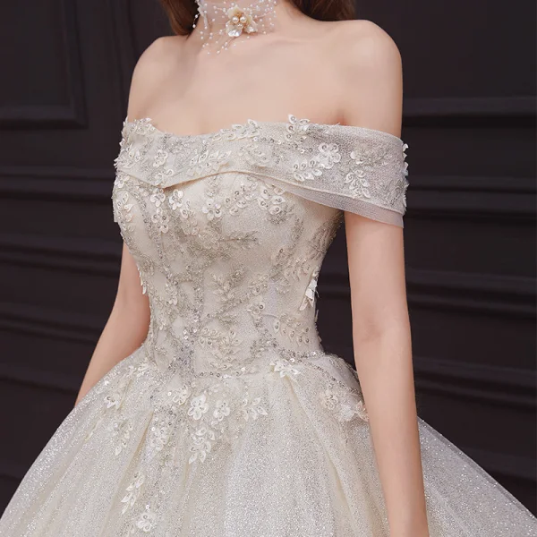 Best Champagne Bridal Wedding Dresses 2020 Ball Gown Off-The-Shoulder Short Sleeve Backless Appliques Lace Beading Glitter Tulle Floor-Length / Long Ruffle