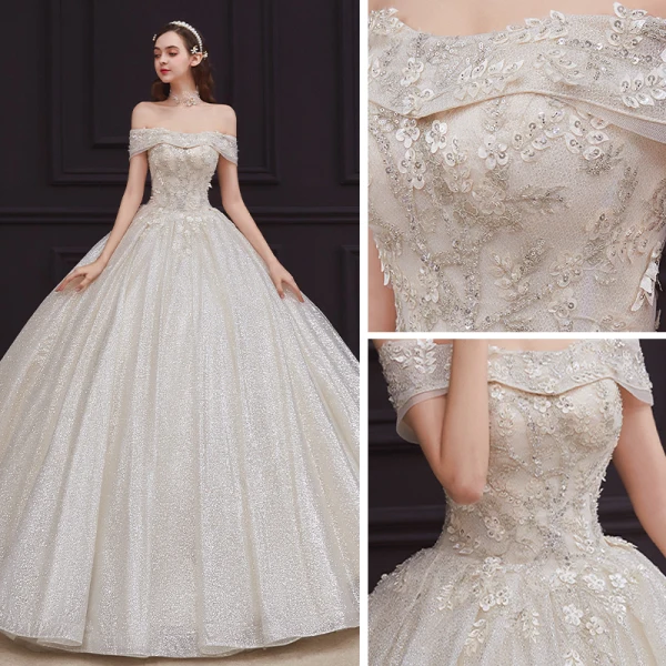 Best Champagne Bridal Wedding Dresses 2020 Ball Gown Off-The-Shoulder Short Sleeve Backless Appliques Lace Beading Glitter Tulle Floor-Length / Long Ruffle