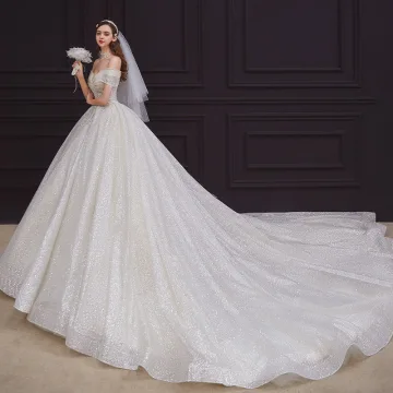 Meilleur Champagne La Mariée Robe De Mariée 2020 Robe Boule De L 039 Épaule Manches Courtes Dos Nu Perlage Paillettes Glitter Tulle Cathedral Train Volants
