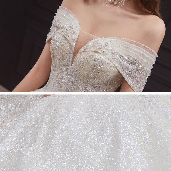 Bäst Champagne Brud Bröllopsklänningar 2020 Balklänning Av Axeln Korta ärm Halterneck Beading Paljetter Glittriga / Glitter Tyll Cathedral Train Ruffle