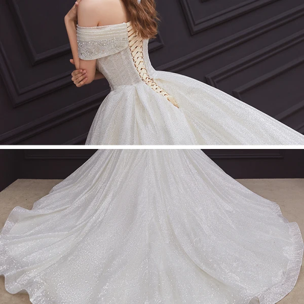 Bäst Champagne Brud Bröllopsklänningar 2020 Balklänning Av Axeln Korta ärm Halterneck Beading Paljetter Glittriga / Glitter Tyll Cathedral Train Ruffle