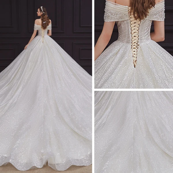 Bäst Champagne Brud Bröllopsklänningar 2020 Balklänning Av Axeln Korta ärm Halterneck Beading Paljetter Glittriga / Glitter Tyll Cathedral Train Ruffle
