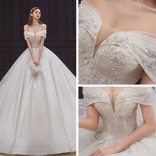 Bäst Champagne Brud Bröllopsklänningar 2020 Balklänning Av Axeln Korta ärm Halterneck Beading Paljetter Glittriga / Glitter Tyll Cathedral Train Ruffle
