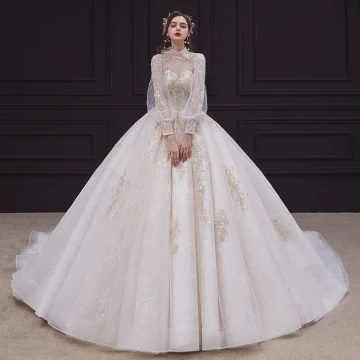 Victorian Style Champagne See Through Bridal Wedding Dresses 2020 Ball Gown High Neck Puffy 3 4 Sleeve Backless Appliques Lace Beading Pearl Cathedral Train Ruffle