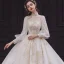 Style Victorien Champagne Transparentes La Mariée Robe De Mariée 2020 Robe Boule Col Haut Gonflée 3/4 Manches Dos Nu Appliques En Dentelle Perlage Perle Cathedral Train Volants