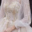 Style Victorien Champagne Transparentes La Mariée Robe De Mariée 2020 Robe Boule Col Haut Gonflée 3/4 Manches Dos Nu Appliques En Dentelle Perlage Perle Cathedral Train Volants