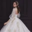 Style Victorien Champagne Transparentes La Mariée Robe De Mariée 2020 Robe Boule Col Haut Gonflée 3/4 Manches Dos Nu Appliques En Dentelle Perlage Perle Cathedral Train Volants