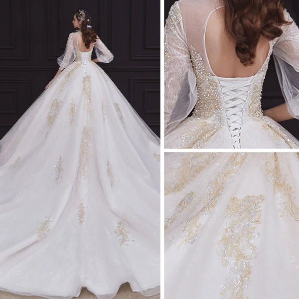 Style Victorien Champagne Transparentes La Mariée Robe De Mariée 2020 Robe Boule Col Haut Gonflée 3/4 Manches Dos Nu Appliques En Dentelle Perlage Perle Cathedral Train Volants