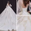 Style Victorien Champagne Transparentes La Mariée Robe De Mariée 2020 Robe Boule Col Haut Gonflée 3/4 Manches Dos Nu Appliques En Dentelle Perlage Perle Cathedral Train Volants