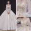 Style Victorien Champagne Transparentes La Mariée Robe De Mariée 2020 Robe Boule Col Haut Gonflée 3/4 Manches Dos Nu Appliques En Dentelle Perlage Perle Cathedral Train Volants