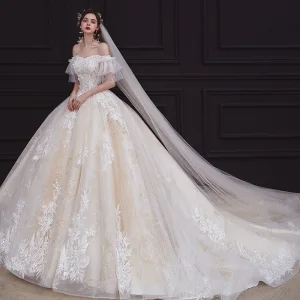 Chic Beautiful Champagne Bridal Wedding Dresses 2020 Ball Gown Off The Shoulder Short Sleeve Backless Appliques Lace Beading Sequins Glitter Tulle Cathedral Train Ruffle