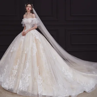Chic Beautiful Champagne Bridal Wedding Dresses 2020 Ball Gown Off The Shoulder Short Sleeve Backless Appliques Lace Beading Sequins Glitter Tulle Cathedral Train Ruffle