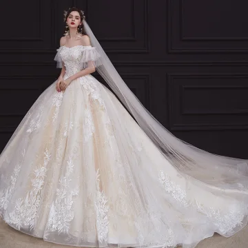 Chic Beautiful Champagne Bridal Wedding Dresses 2020 Ball Gown Off The Shoulder Short Sleeve Backless Appliques Lace Beading Sequins Glitter Tulle Cathedral Train Ruffle