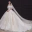 Chic / Belle Champagne La Mariée Robe De Mariée 2020 Robe Boule De l'épaule Manches Courtes Dos Nu Appliques En Dentelle Perlage Paillettes Glitter Tulle Cathedral Train Volants