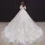 Chic / Belle Champagne La Mariée Robe De Mariée 2020 Robe Boule De l'épaule Manches Courtes Dos Nu Appliques En Dentelle Perlage Paillettes Glitter Tulle Cathedral Train Volants