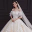 Chic / Belle Champagne La Mariée Robe De Mariée 2020 Robe Boule De l'épaule Manches Courtes Dos Nu Appliques En Dentelle Perlage Paillettes Glitter Tulle Cathedral Train Volants
