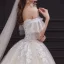 Chic / Belle Champagne La Mariée Robe De Mariée 2020 Robe Boule De l'épaule Manches Courtes Dos Nu Appliques En Dentelle Perlage Paillettes Glitter Tulle Cathedral Train Volants
