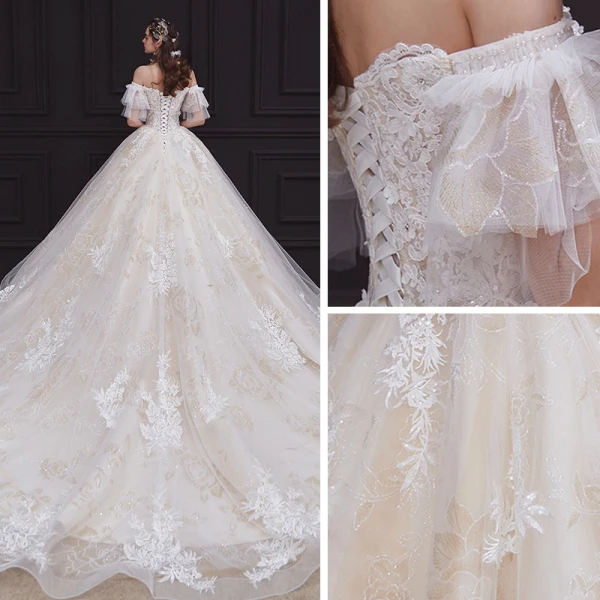 Chic / Belle Champagne La Mariée Robe De Mariée 2020 Robe Boule De l'épaule Manches Courtes Dos Nu Appliques En Dentelle Perlage Paillettes Glitter Tulle Cathedral Train Volants