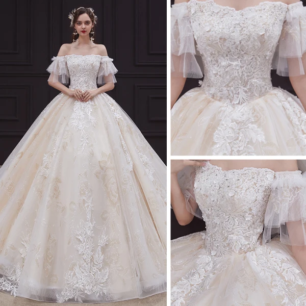 Chic / Belle Champagne La Mariée Robe De Mariée 2020 Robe Boule De l'épaule Manches Courtes Dos Nu Appliques En Dentelle Perlage Paillettes Glitter Tulle Cathedral Train Volants