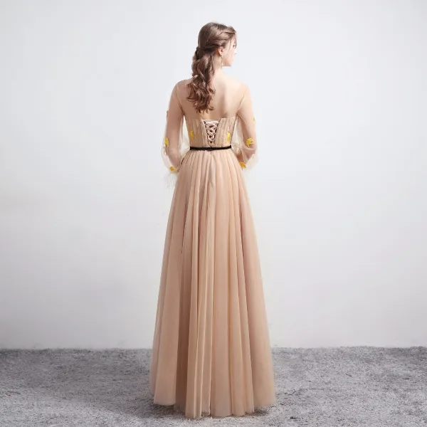 Victorian Style Khaki Evening Dresses  2020 A-Line / Princess Square Neckline Puffy Long Sleeve Feather Leaf Appliques Lace Beading Floor-Length / Long Ruffle Backless Formal Dresses