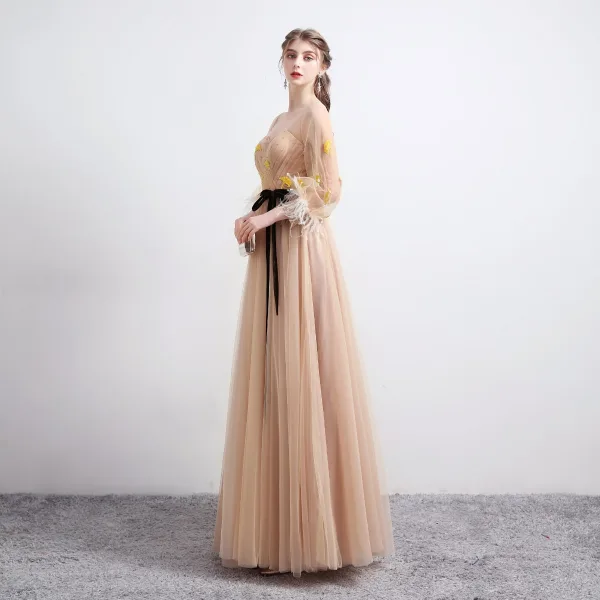 Victorian Style Khaki Evening Dresses  2020 A-Line / Princess Square Neckline Puffy Long Sleeve Feather Leaf Appliques Lace Beading Floor-Length / Long Ruffle Backless Formal Dresses