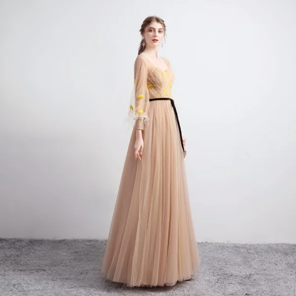 Victorian Style Khaki Evening Dresses  2020 A-Line / Princess Square Neckline Puffy Long Sleeve Feather Leaf Appliques Lace Beading Floor-Length / Long Ruffle Backless Formal Dresses