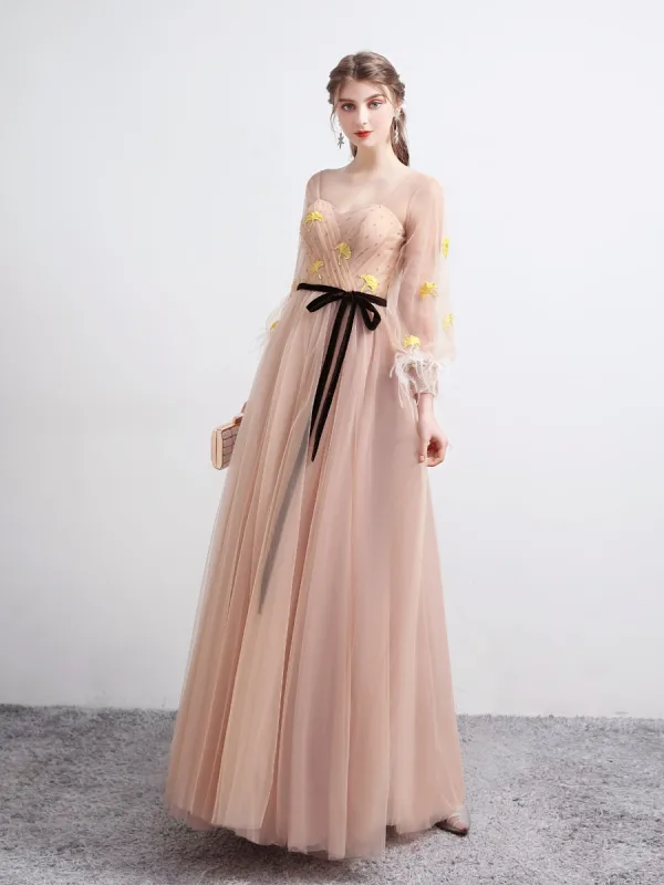 Victorian Style Khaki Evening Dresses  2020 A-Line / Princess Square Neckline Puffy Long Sleeve Feather Leaf Appliques Lace Beading Floor-Length / Long Ruffle Backless Formal Dresses
