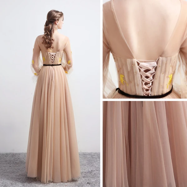 Victorian Style Khaki Evening Dresses  2020 A-Line / Princess Square Neckline Puffy Long Sleeve Feather Leaf Appliques Lace Beading Floor-Length / Long Ruffle Backless Formal Dresses
