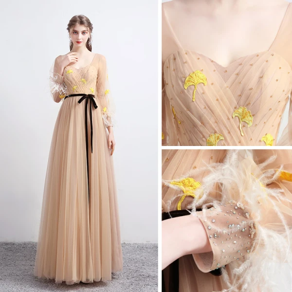 Victorian Style Khaki Evening Dresses  2020 A-Line / Princess Square Neckline Puffy Long Sleeve Feather Leaf Appliques Lace Beading Floor-Length / Long Ruffle Backless Formal Dresses