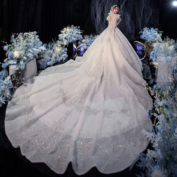 Luxury / Gorgeous Champagne Bridal Wedding Dresses 2020 Ball Gown See-through High Neck Sleeveless Backless Beading Sequins Glitter Tulle Royal Train Ruffle