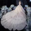 Luxury / Gorgeous Champagne Bridal Wedding Dresses 2020 Ball Gown See-through High Neck Sleeveless Backless Beading Sequins Glitter Tulle Royal Train Ruffle