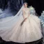 Luxury / Gorgeous Champagne Bridal Wedding Dresses 2020 Ball Gown See-through High Neck Sleeveless Backless Beading Sequins Glitter Tulle Royal Train Ruffle